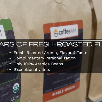 Bags of CoffeeAM  Coffee with text that reads 33 Years of Fresh-Roasted Flavor