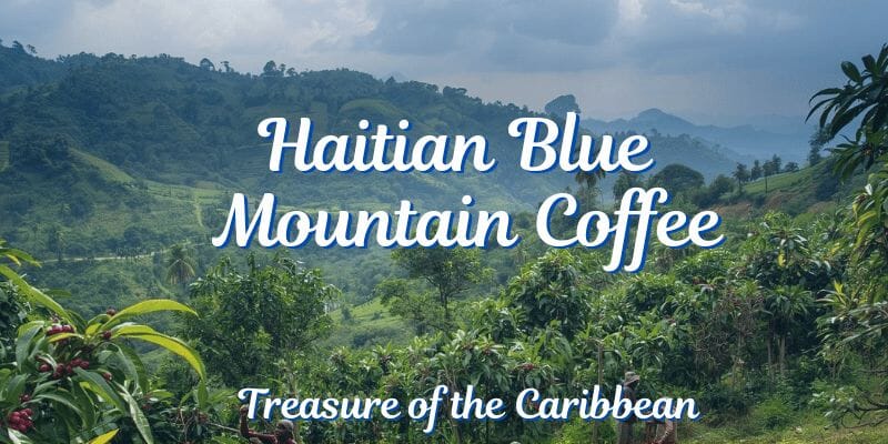 Haitian Blue Mountain Coffee with coffee plants and mountainous landscape with text that reads Haitian Blue Mountain Coffee, Treasure of the Caribbean.