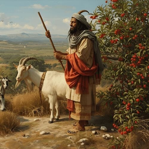 Kaldi and his goats standing next to a coffee tree.  The text reads A brief History of Coffee.