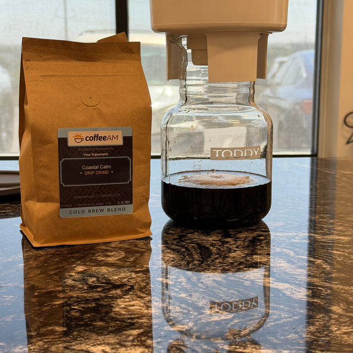 Bag of Coastal Calm Cold Brew with a Toddy Cold Brew Coffee Maker