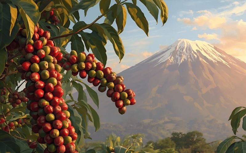 Coffee tree with ripe coffee cherries on it and with Mount Kilimanjaro in the background