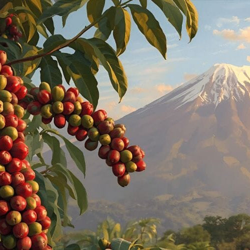 Coffee tree with ripe coffee cherries on it and with Mount Kilimanjaro in the background