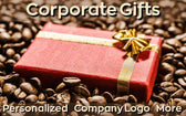 Christmas Gift in Coffee Beans with Text that read Corporate Gifts, Personalized, Company Logo, More