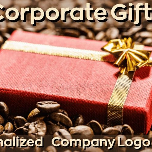 Christmas Gift in Coffee Beans with Text that read Corporate Gifts, Personalized, Company Logo, More