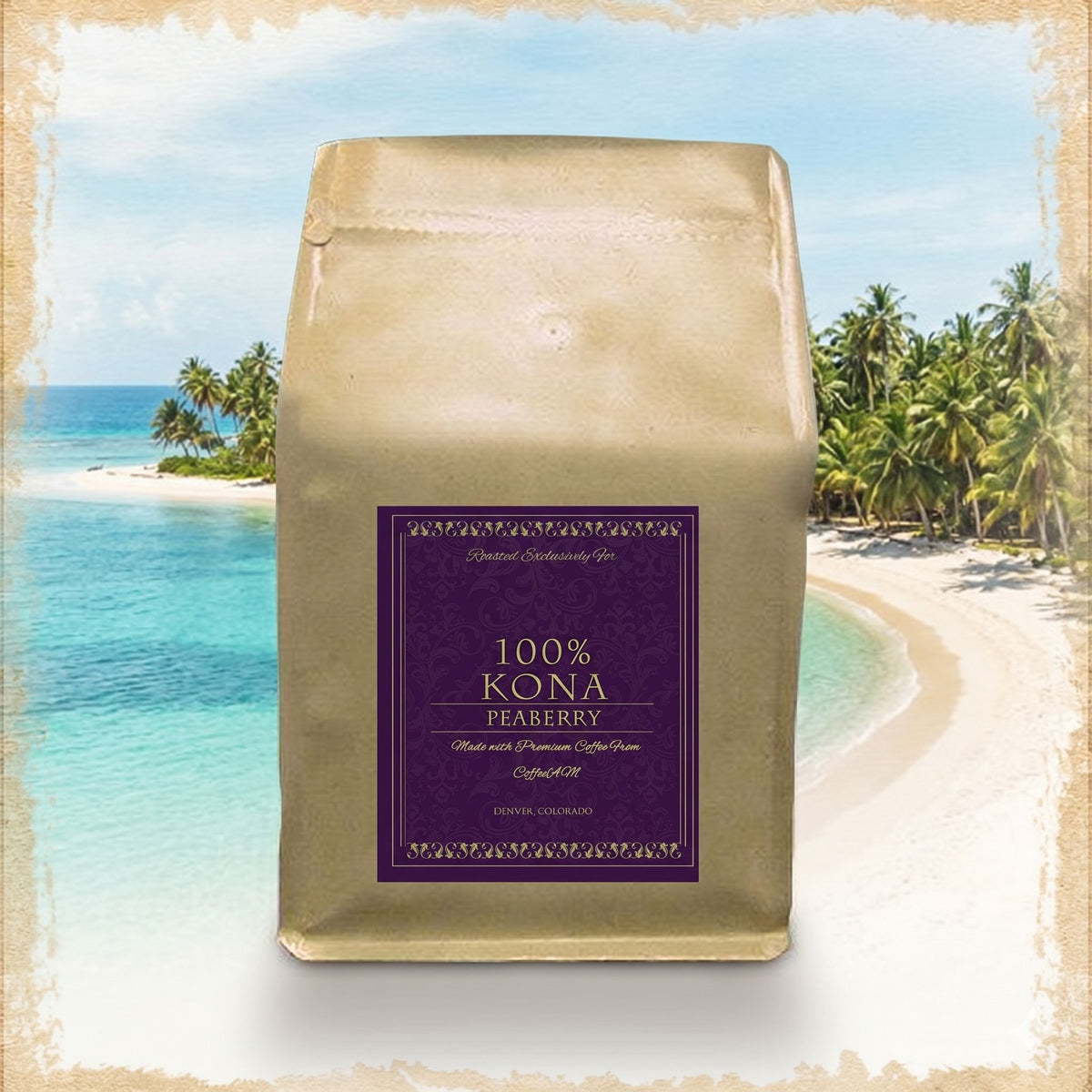 Coffee bag labeled '100% Kona Peaberry' with a scenic beach background