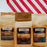 Three coffee AM bags with different blends on a red and white striped background
