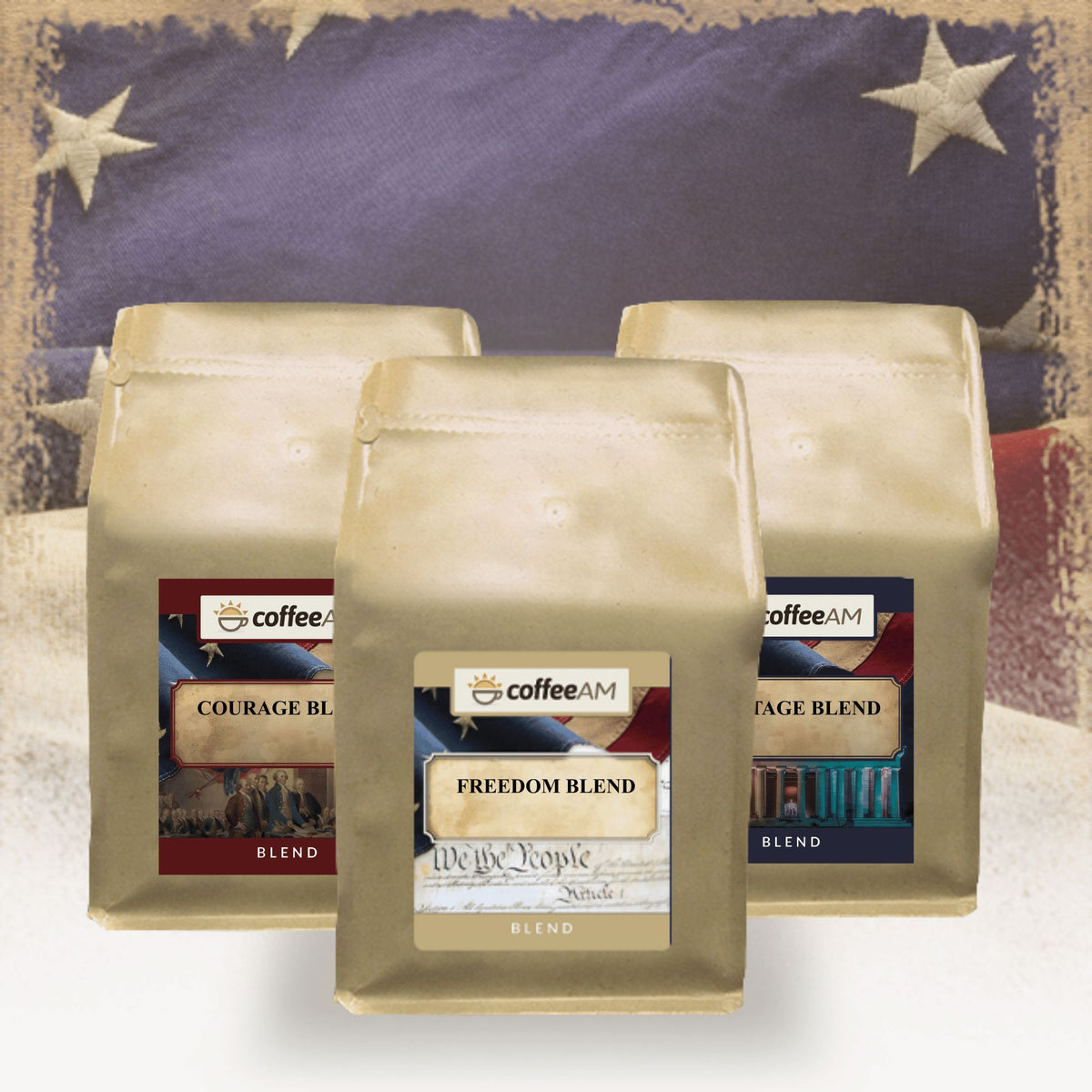 Three coffee bags labeled 'CoffeeAM' with a vintage American flag background.