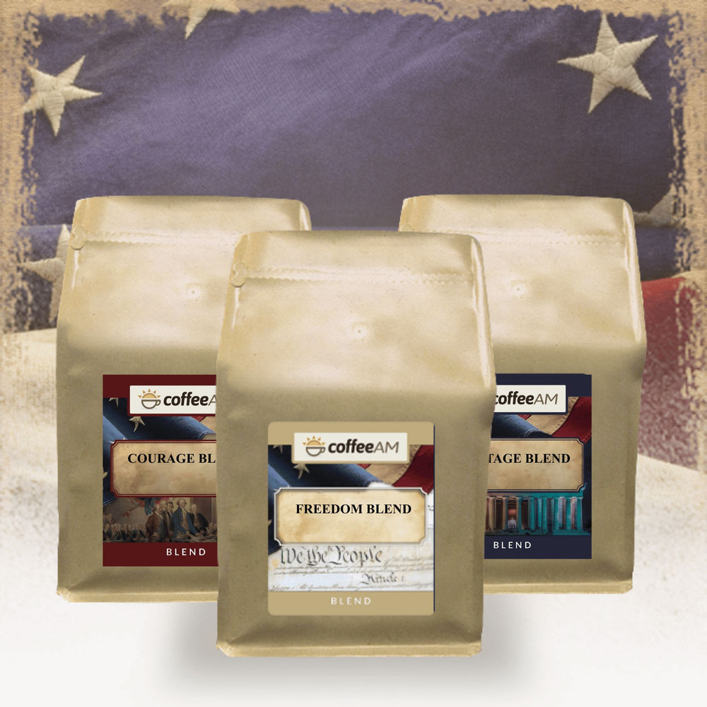 Three coffee bags labeled 'CoffeeAM' with a vintage American flag background.