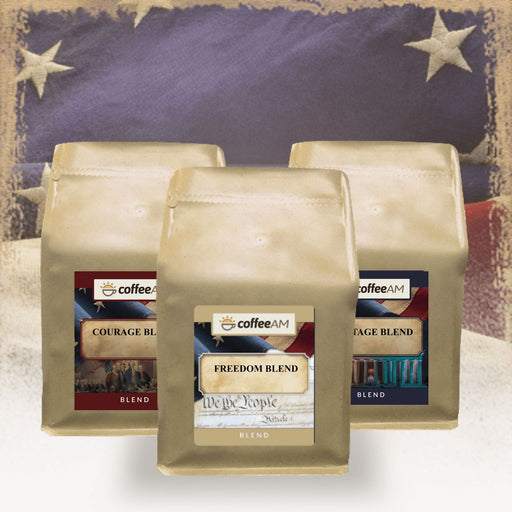 Three coffee bags labeled 'CoffeeAM' with a vintage American flag background.
