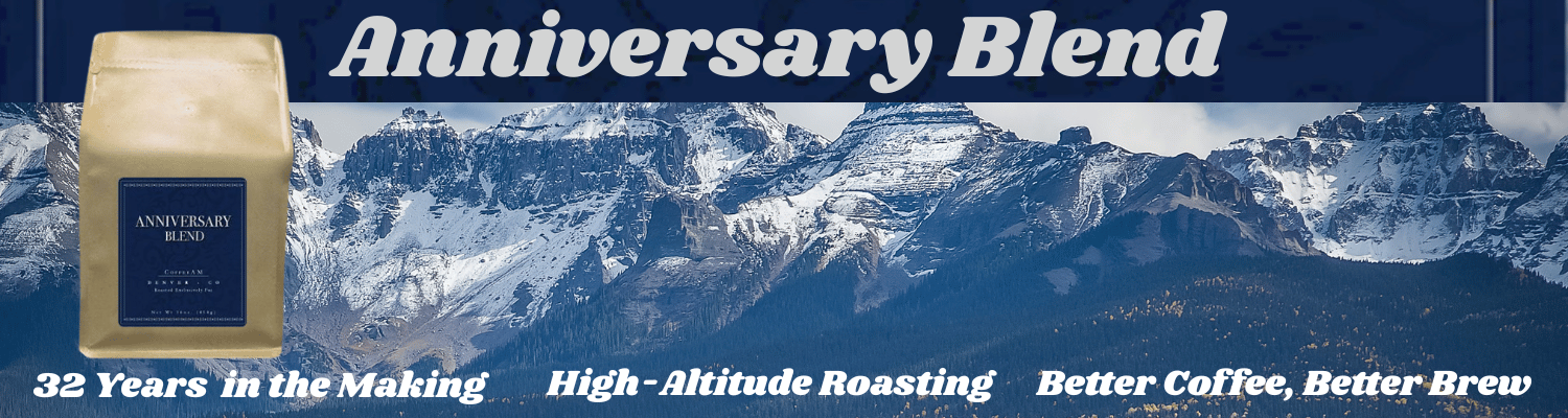 Coffee bag labeled 'Anniversary Blend' with a scenic rocky mountain  winterbackground