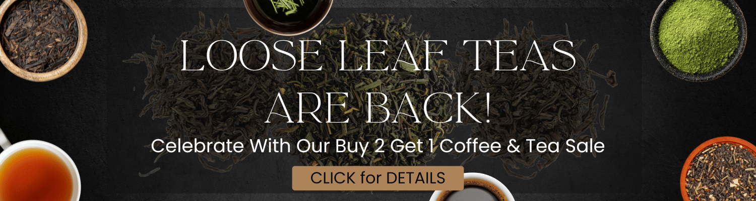 Promotional banner for loose leaf teas with text and tea cups on a dark background
