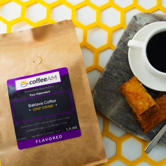 Baklava Coffee package with a coffee cup and baklava on a decorative surface