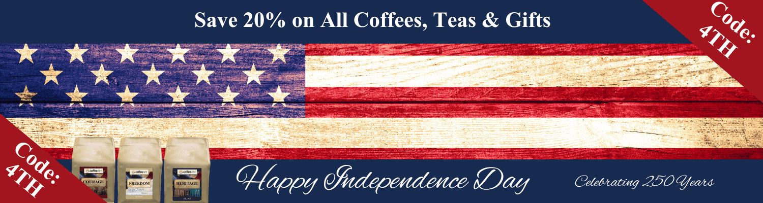 Three coffee bags on an American flag background with text celebrating 250 years. Save 20% on All Coffees, Teas & Gifts. 