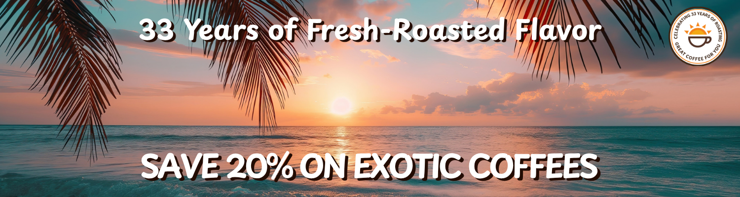 Promotional banner for coffee featuring a tropical sunset beach scene with palm leaves, the text '33 Years of Fresh-Roasted Flavor' at the top, and 'SAVE 20% ON EXOTIC COFFEE' at the bottom. A circular logo for 'The Coffee Company' appears in the upper right corner.