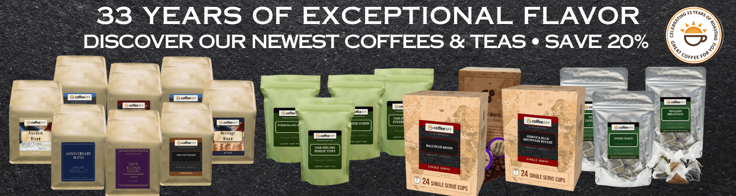 A promotional banner featuring multiple bags and jars of coffee and tea products lined up against a dark textured background with large white text reading '33 YEARS OF EXCEPTIONAL FLAVOR' and 'DISCOVER OUR NEWEST COFFEES & TEAS • SAVE 20%'.