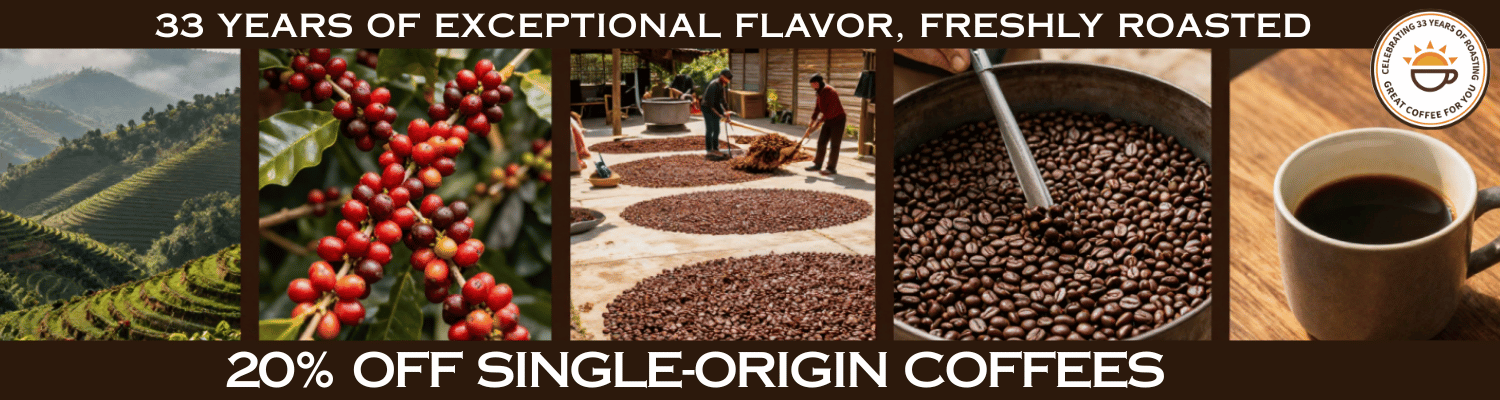 Promotional banner for coffee featuring four vertical panels: a coffee plantation landscape, red coffee cherries, people spreading coffee beans outdoors, and a close-up of roasted coffee beans in a container next to a cup of coffee. Text reads '33 YEARS OF EXCEPTIONAL FLAVOR, FRESHLY ROASTED' and '20% OFF SINGLE-ORIGIN COFFEE'.