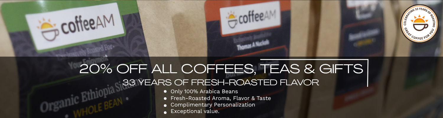 Promotional banner for coffeeAM featuring a 20% off discount for coffees, teas, and gifts, with a circular logo in the top right corner.