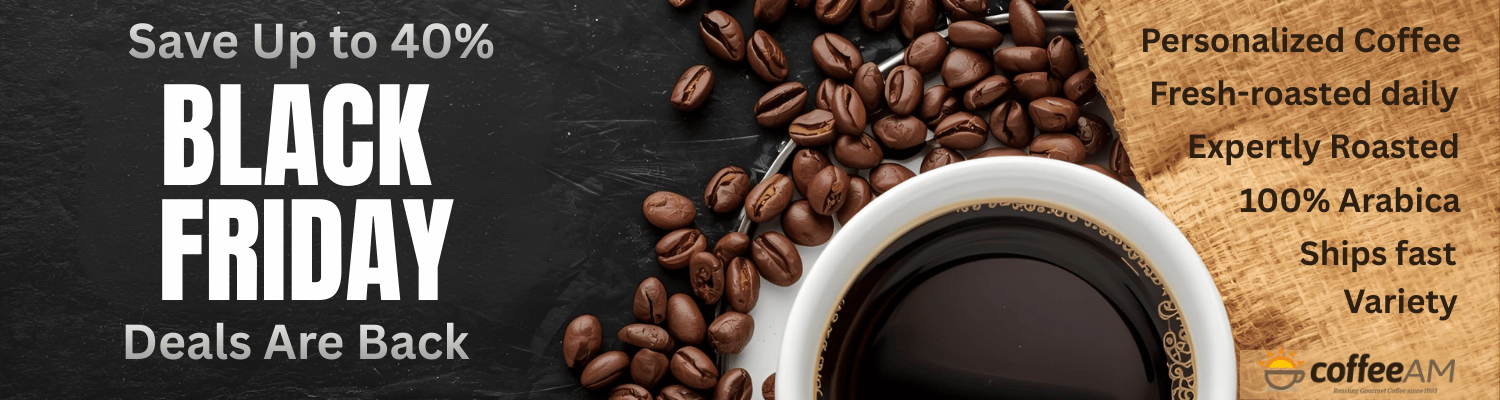 Black Friday coffee promotion with coffee beans and a cup of coffee on a dark background.