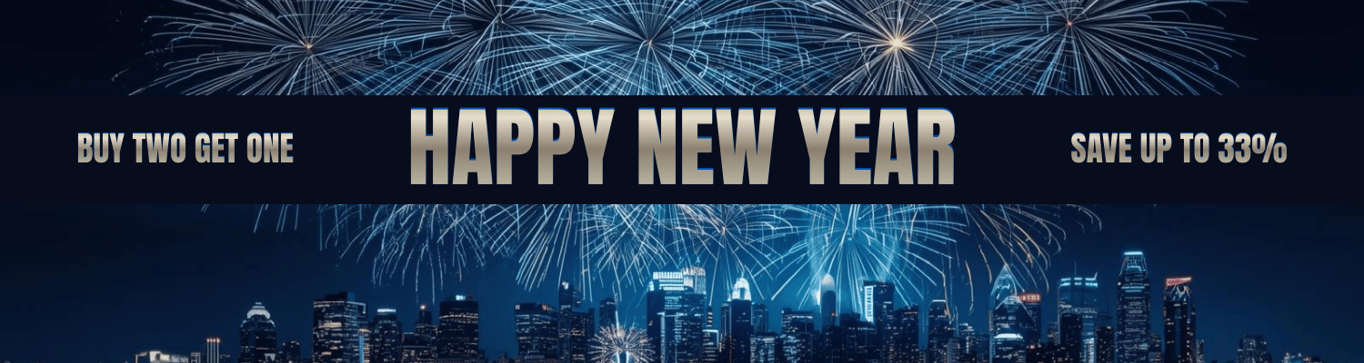 Promotional banner for a New Year's sale with fireworks and city skyline.