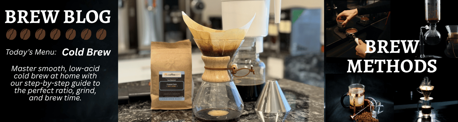 A promotional banner for a cold brew coffee guide titled 'BREW BLOG' and 'BREW METHODS', featuring a coffee dripper and glass carafe in a kitchen setting on the left and a dark, moody close-up of brewing equipment on the right.