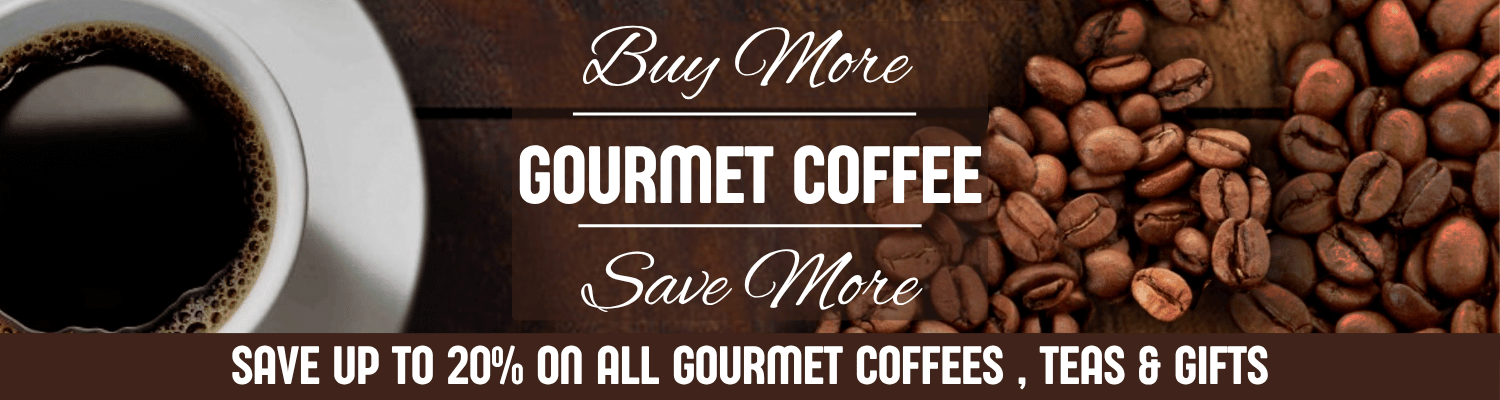 Promotional banner for gourmet coffee with coffee beans and a cup of coffee.