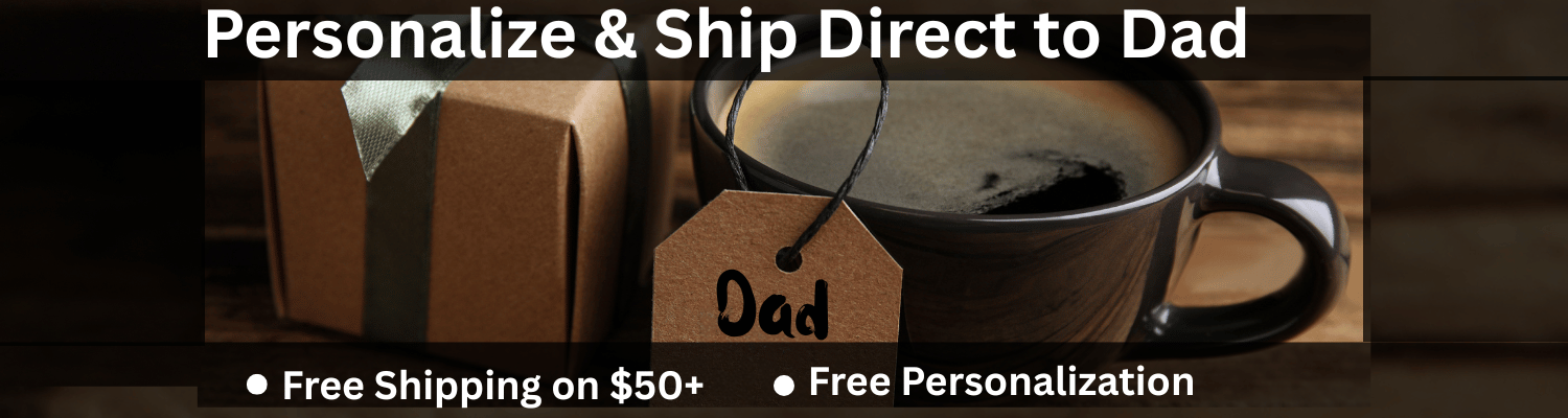 Tea cup with a 'Dad' tag and text about personalization and free shipping.