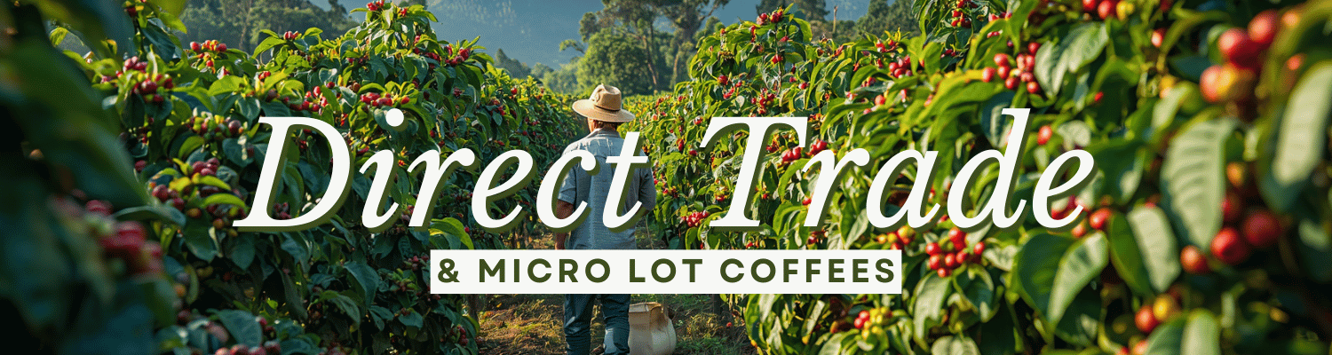 Coffee farm with coffee cherries and a person walking among them, with 'Direct Trade & Micro Lot Coffees' text overlay.