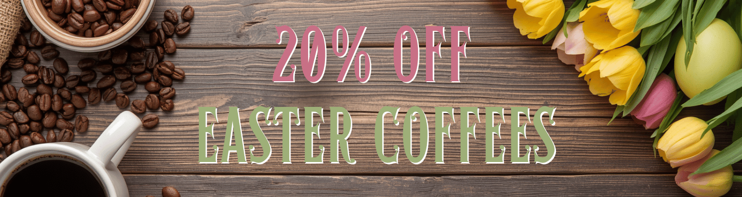 Promotional banner with '20% off Easter Coffees' text, coffee beans, a cup, and Easter eggs on a wooden background.