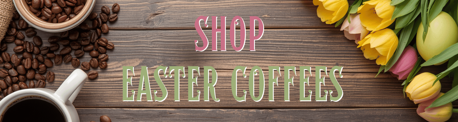 Shop Easter coffees banner with coffee beans, a cup of coffee, and Easter eggs on a wooden background.