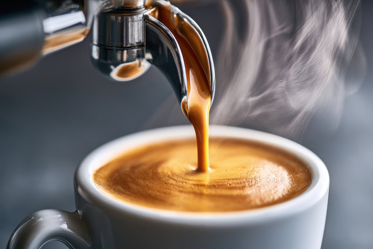 A close-up of espresso being poured from a metal portafilter into a white ceramic cup, with visible steam rising against a dark gray background.
