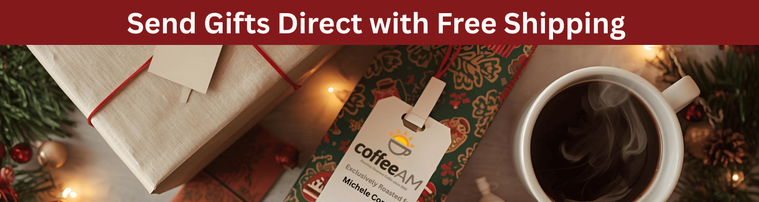 Gifts with free shipping offer, including a coffee mug and wrapped presents on a festive background.