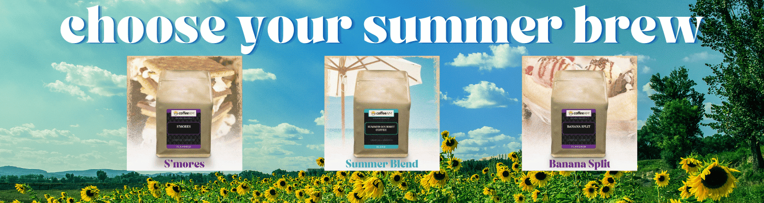 a field of summer flowers with 3 coffees and words that read choose your summer brew.