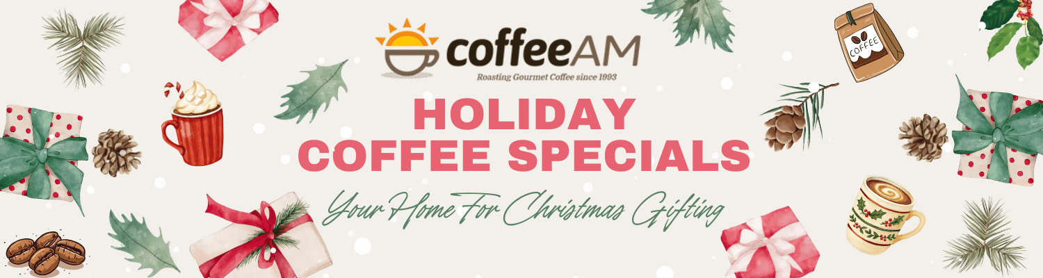 Promotional banner for Coffee AM's holiday coffee specials with festive graphics and text.