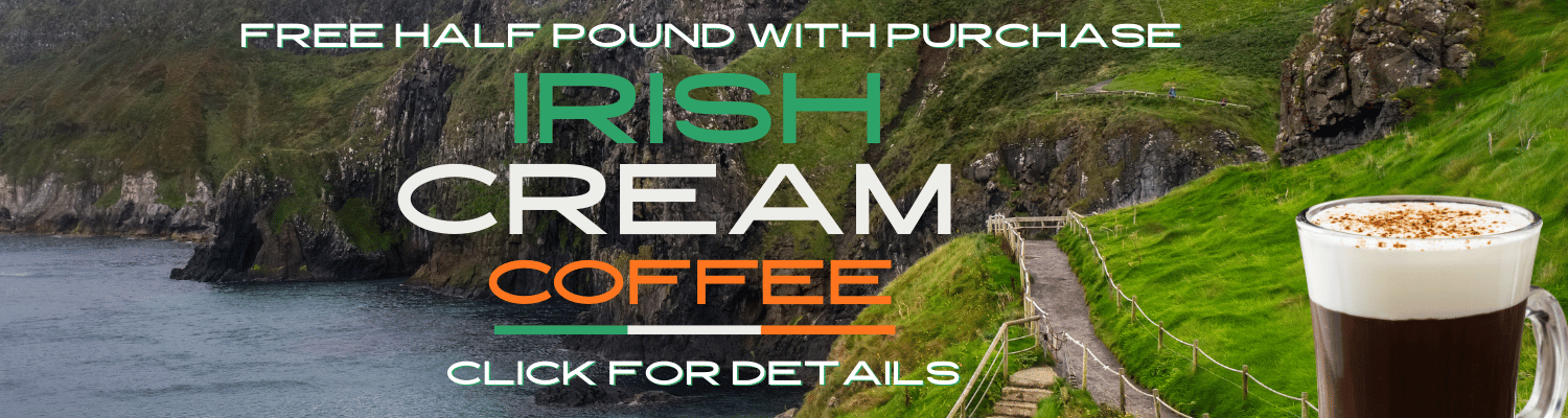 Advertisement for Irish Cream Coffee with scenic background and coffee cup.