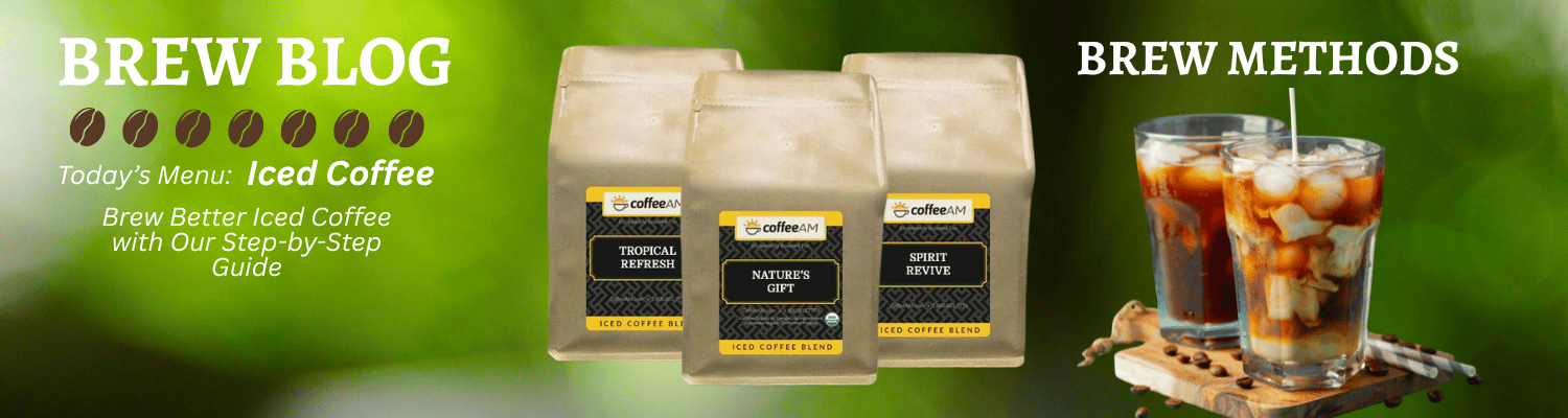 A promotional banner for Coffee Blog featuring three bags of coffee beans, a step-by-step brewing guide, and two glasses of iced coffee on a green gradient background with the text 'BREW BLOG' and 'BREW METHODS'.