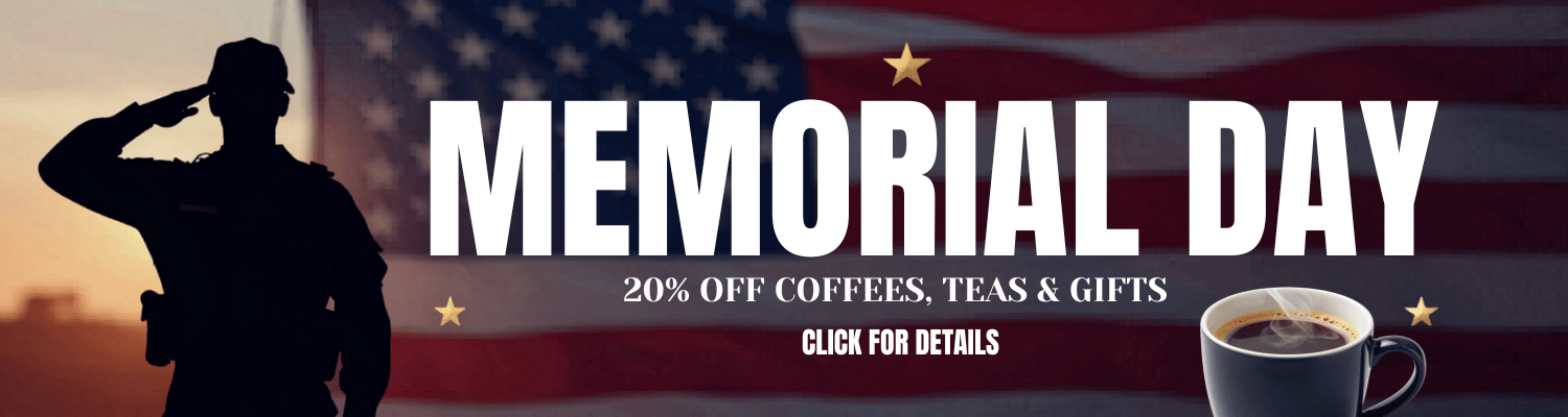 Silhouette of a soldier saluting with American flag in the background, promoting Memorial Day sale on coffee and gifts.