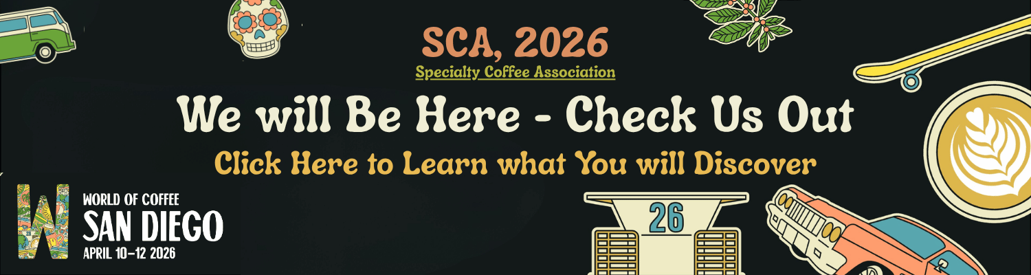 Promotional banner for SCA 2026 Specialty Coffee Association event in San Diego with coffee-themed graphics.