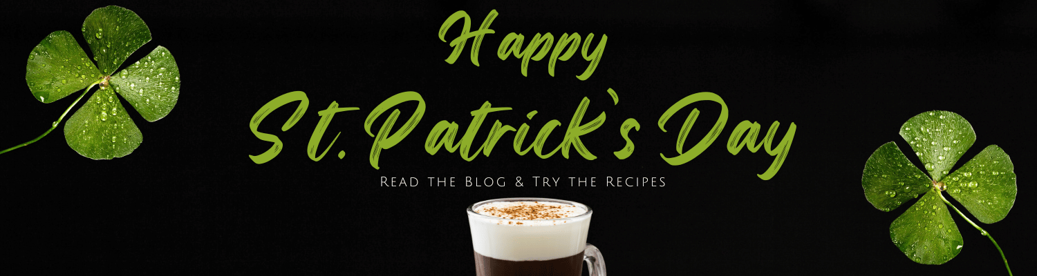 St. Patrick's Day banner with a shamrock, hot chocolate, and text on a black background