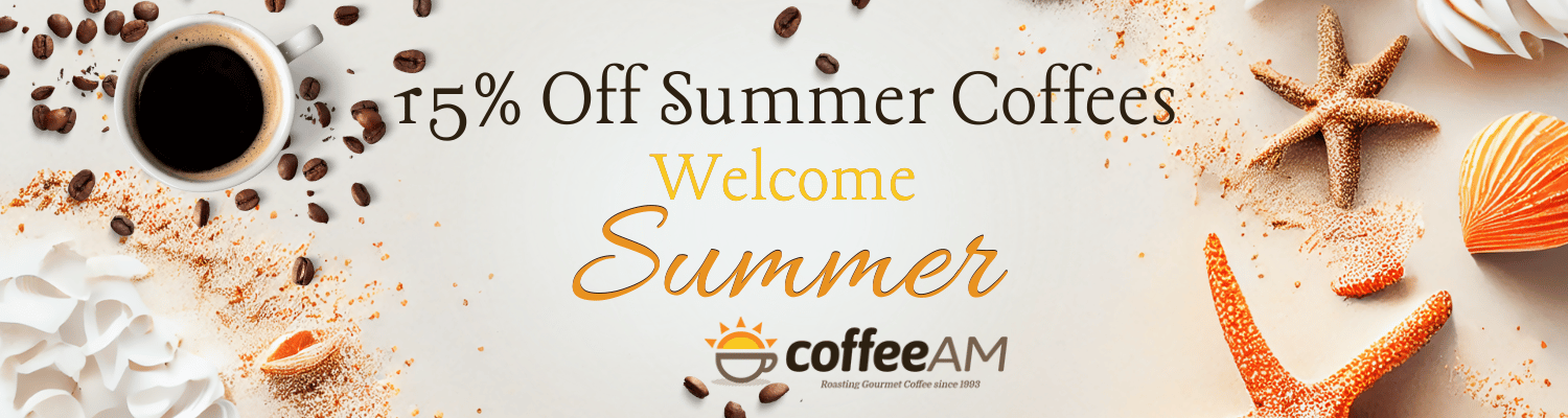 Promotional banner for coffee with summer-themed elements and a discount offer.