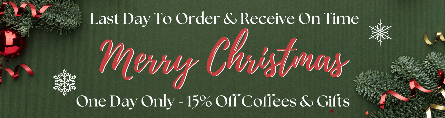 Holiday promotional banner with Christmas-themed text and decorations on a green background.