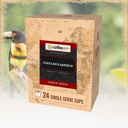 Box of Coffee AM Costa Rica Reserve single serve coffee cups with a parrot illustration on a map background.
