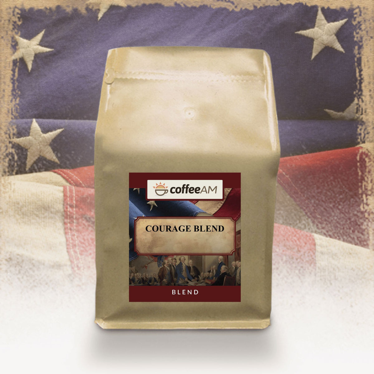 CoffeeAM Courage Blend package with American flag background