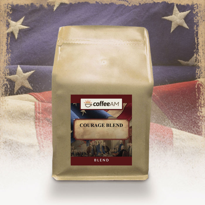 CoffeeAM Courage Blend package with American flag background