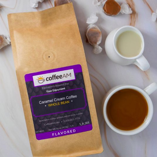 CoffeeAM Caramel Cream Coffee package with a cup of coffee and caramel candies on a marble surface