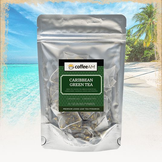 Tea package labeled 'Caribbean Green Tea' with a tropical background