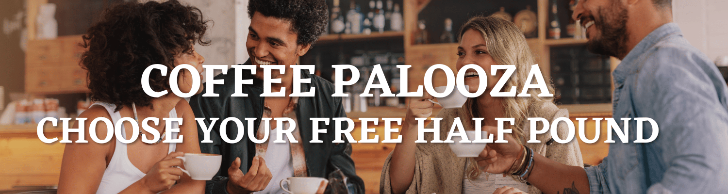Promotional banner for a coffee shop event with people enjoying coffee, text 'Coffee Palooza: Choose Your Free Half Pound'.