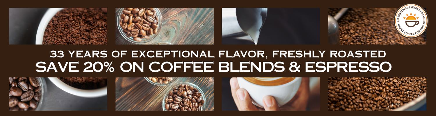 Promotional banner for a coffee brand featuring multiple small photos of coffee beans, roasted coffee, a hand holding a cup, and large text reading '33 YEARS OF EXCEPTIONAL FLAVOR, FRESHLY ROASTED SAVE 20% ON COFFEE BLENDES & ESPRESSO' with a circular logo at the top right.