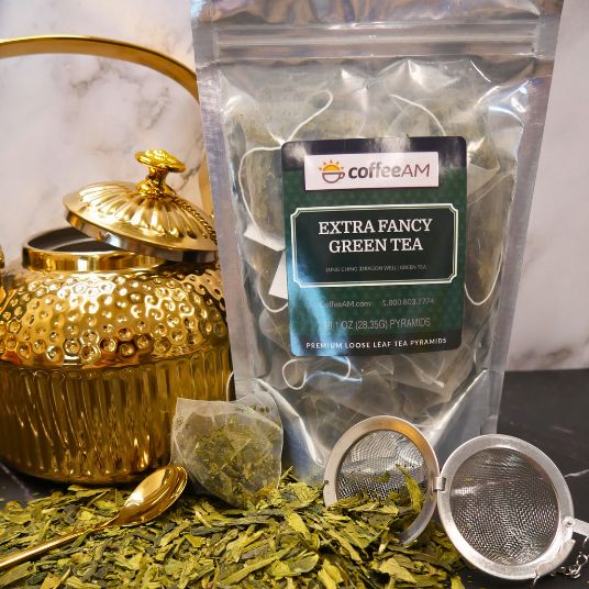 Package of coffeeAM Extra Fancy Green Tea with scenic background