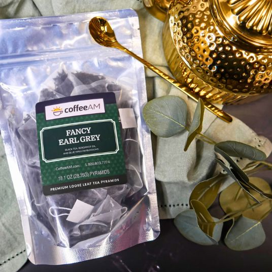 Package of coffeeAM Fancy Earl Grey tea with London skyline in the background