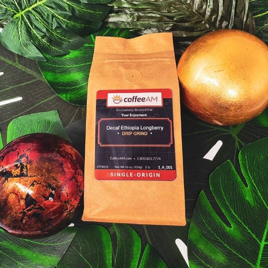 Coffee AM package on a leafy background